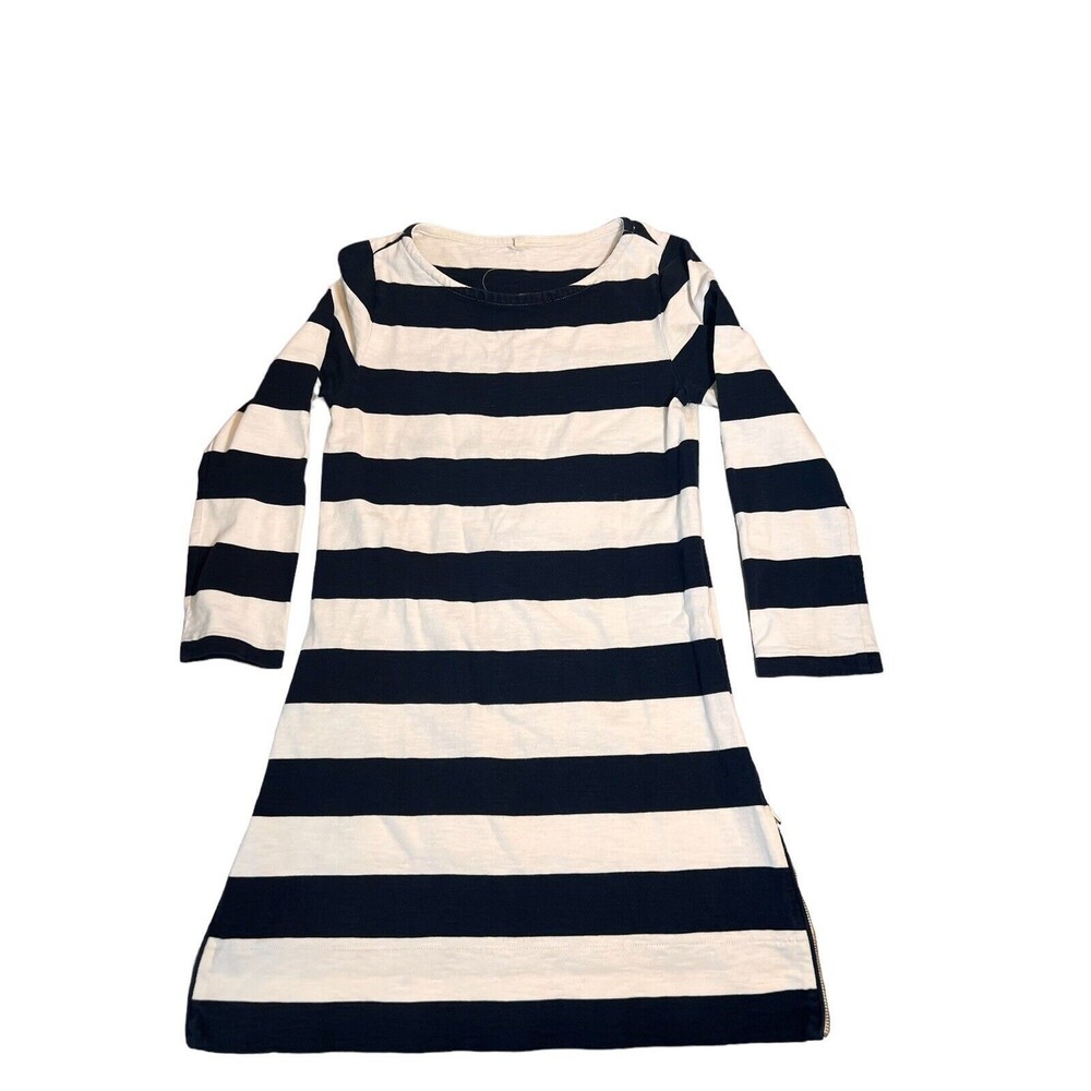 J.Crew Maritime Dress XS Navy‎ Ivory Bold Rugby Stripe 3/4 Sleeve Zipper Shift